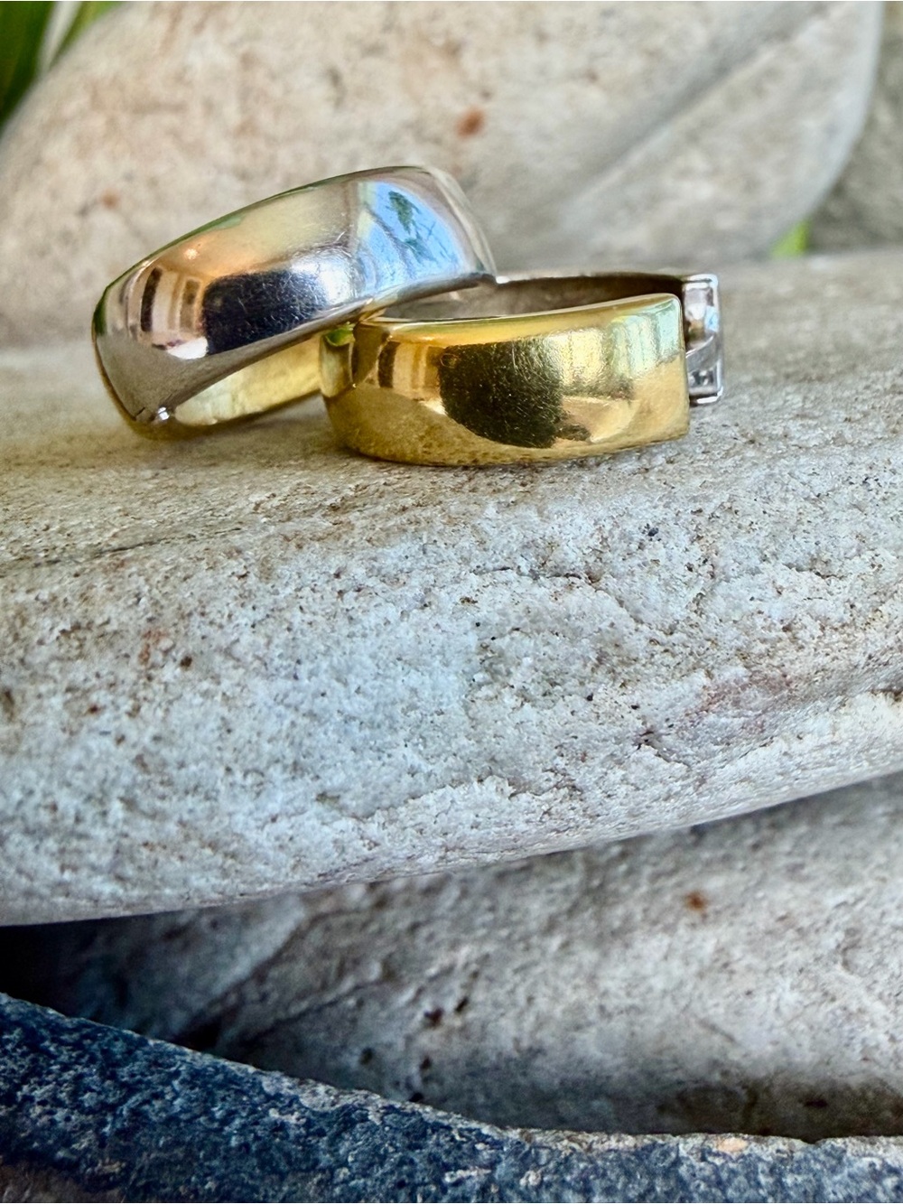 18 karat gold, white, and yellow hoops